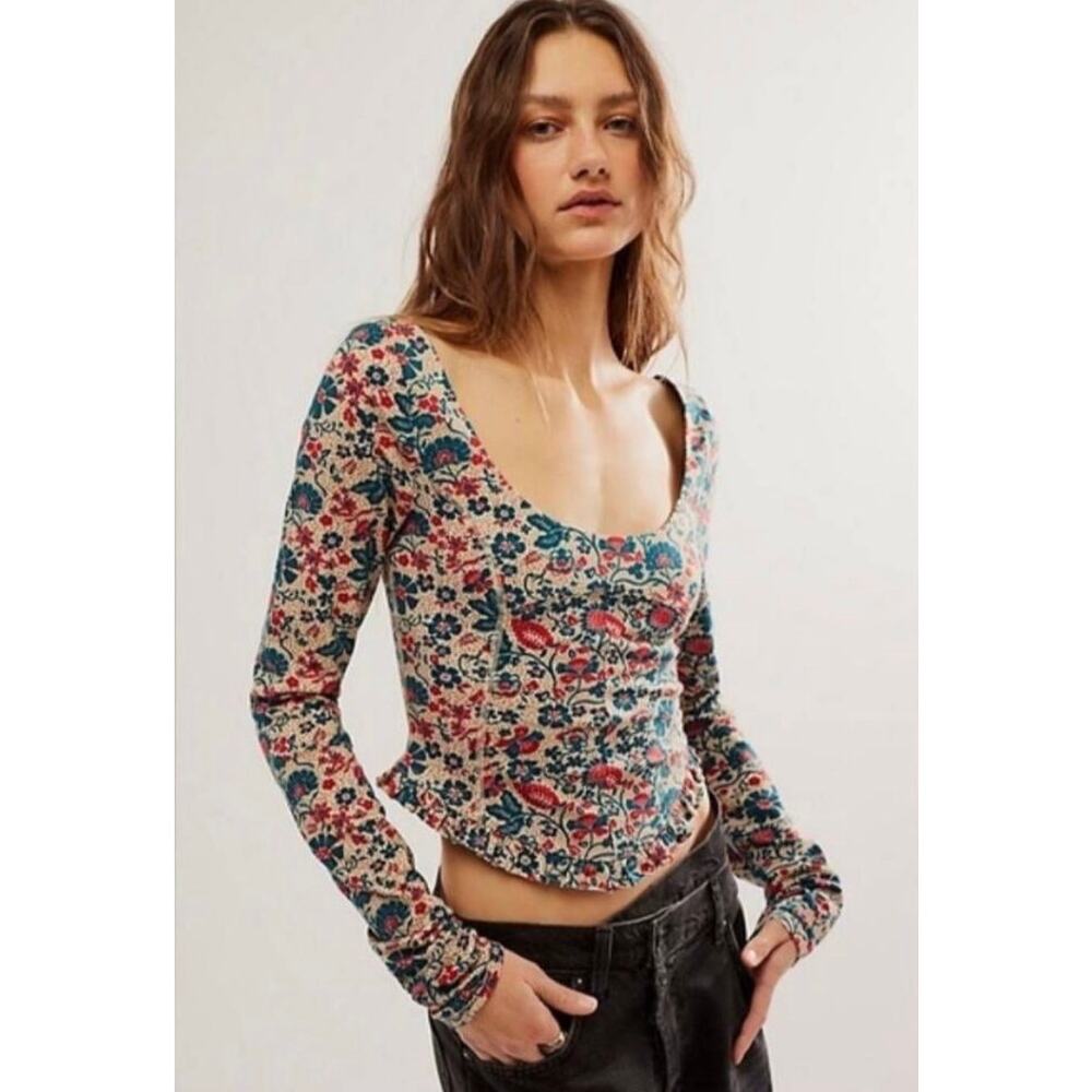 Free People Melanie Long Sleeve Floral Crisscross Back Top | XS - Picture 2 of 8